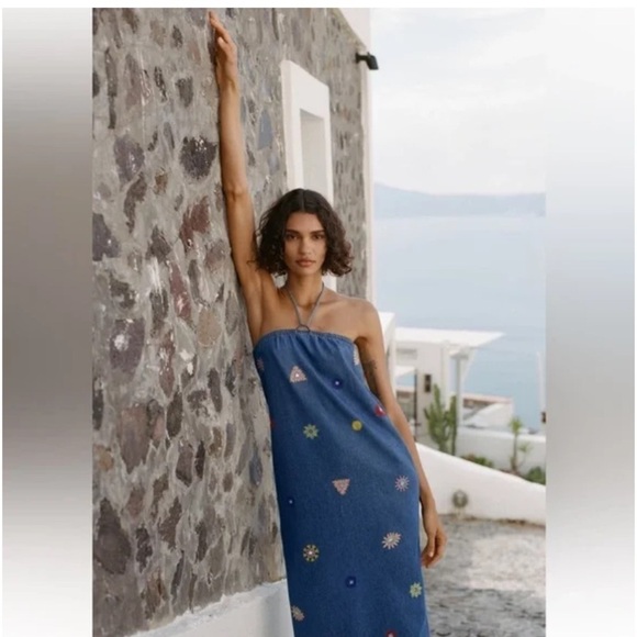 Zara Denim Embroidered Geo Shapes Midi Halter Dress XS - Picture 3 of 16
